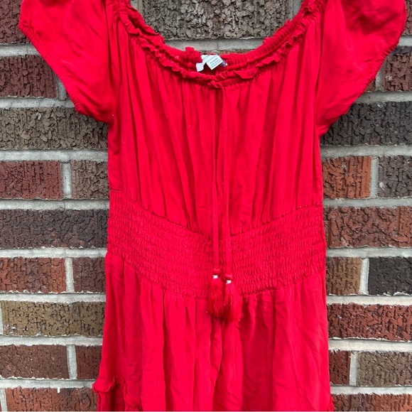 American Eagle Red Scrunch Short Sleeve Tassel Peasant Dress - Picture 2 of 3